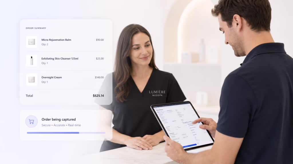 Field sales rep using mobile order entry software on a tablet at a customer site