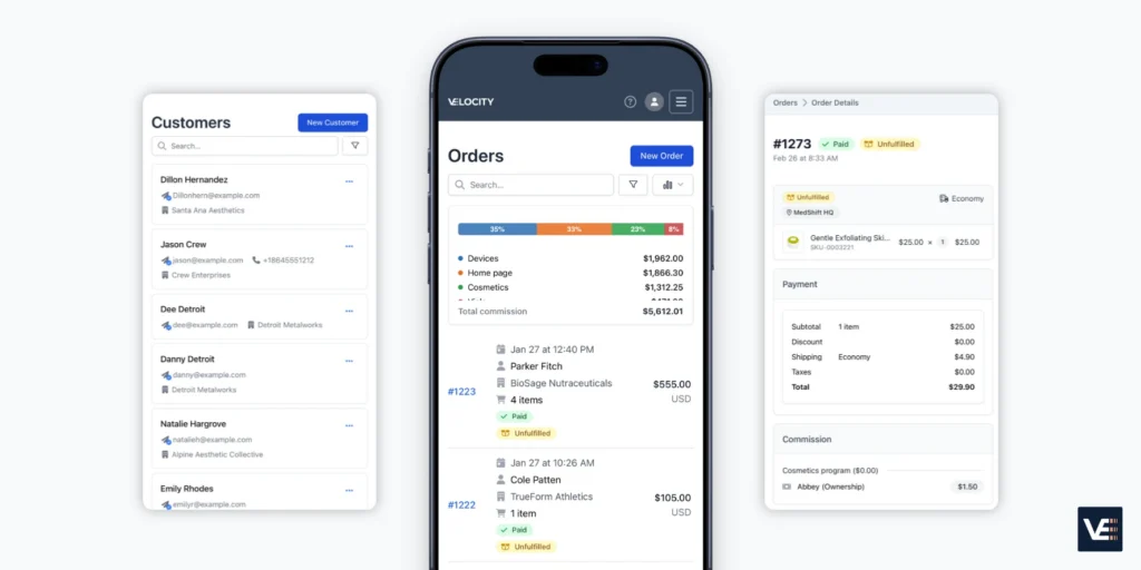 Mobile field sales software interface showing customer accounts and order entry