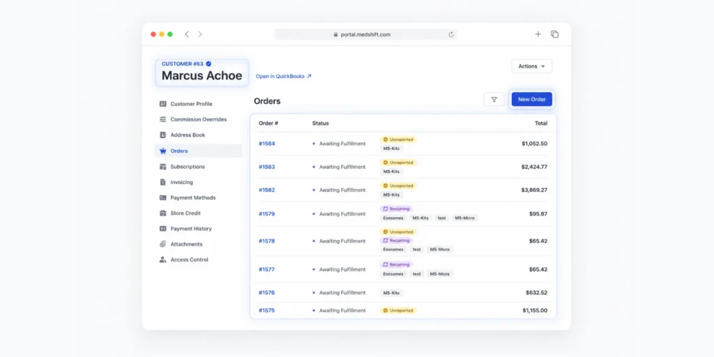 B2B customer portal dashboard showing account pricing, order history, and reorder
