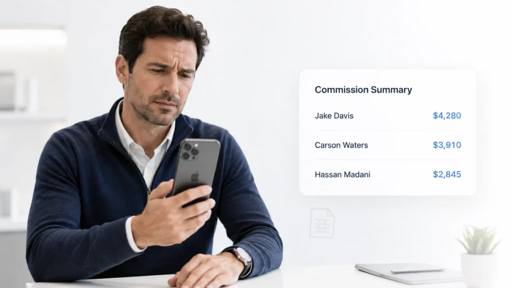 Sales rep reviewing commission earnings on a laptop dashboard