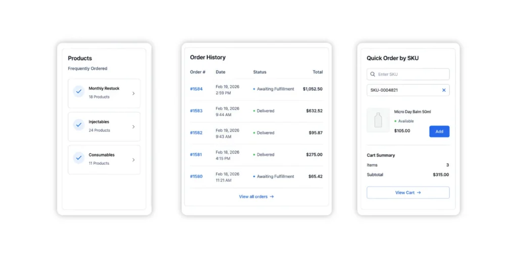 B2B customer portal reorder screen with saved lists and quick order by SKU