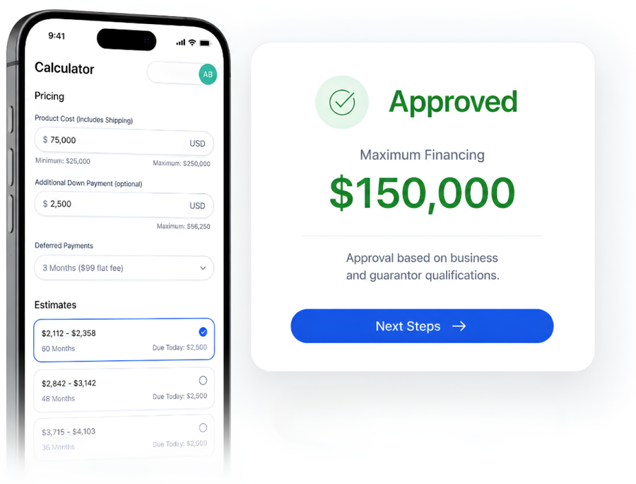 Velocity Lending payment calculator beside an approved $150,000 maximum financing panel
