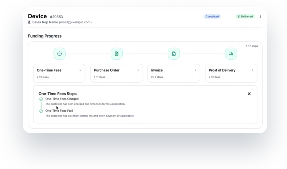 Funding progress tracker: one-time fees, purchase order, invoice and proof of delivery