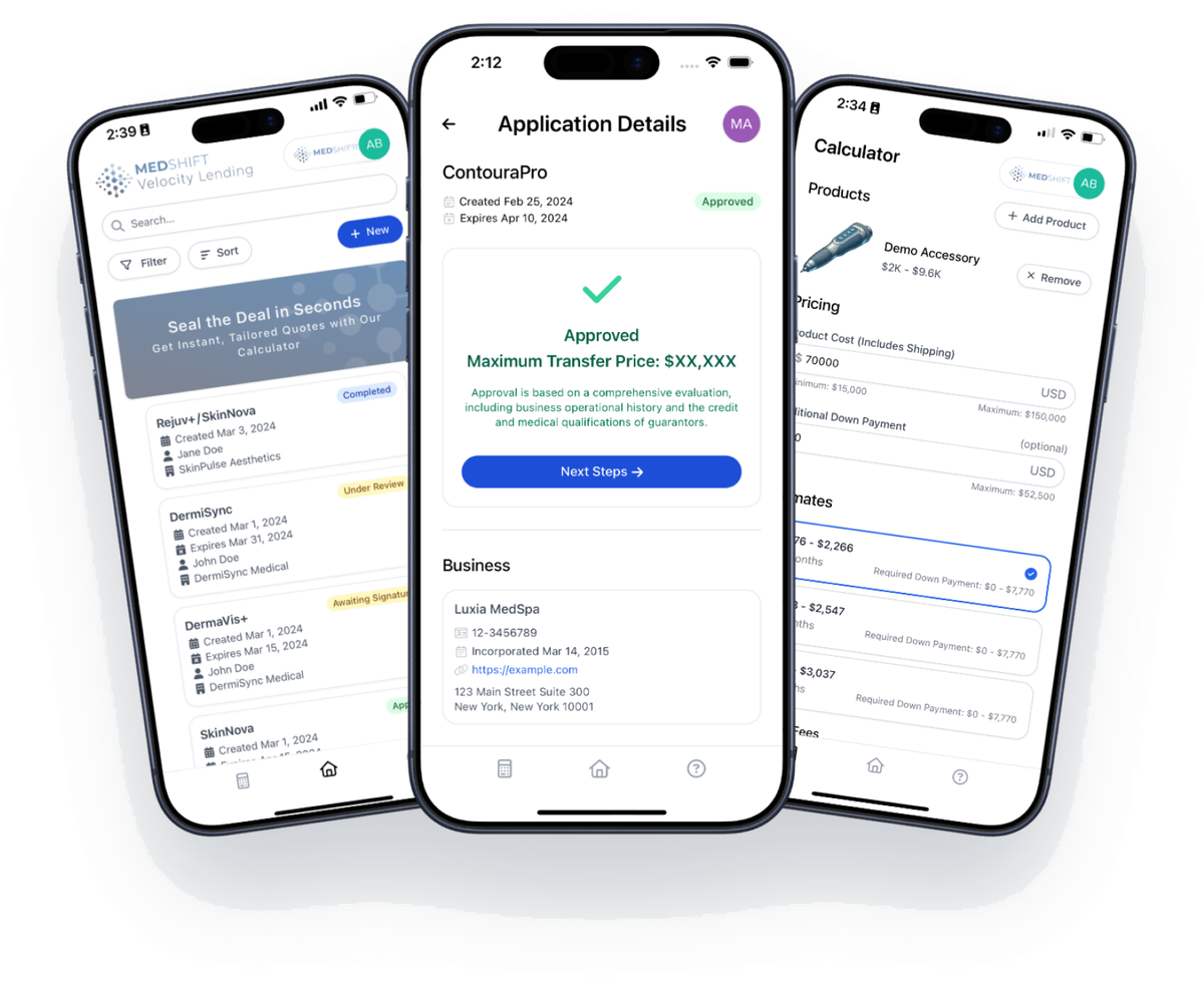 Velocity Lending mobile app: deal pipeline, an approved application with maximum transfer price, and the payment calculator
