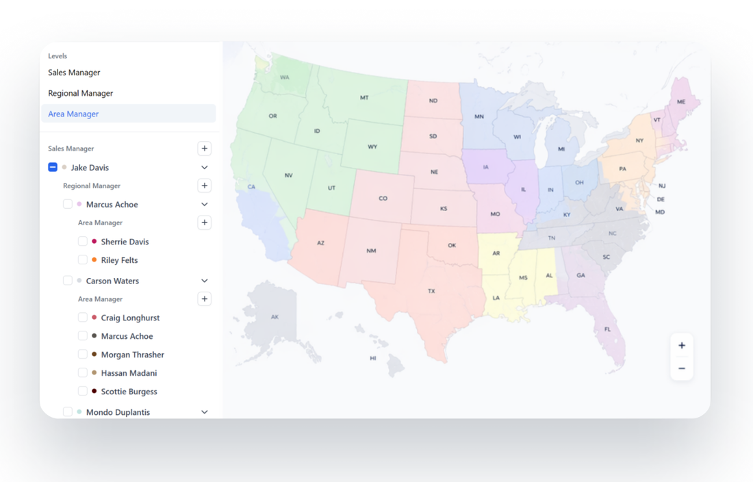 Velocity Commerce territory map with the sales-team hierarchy panel