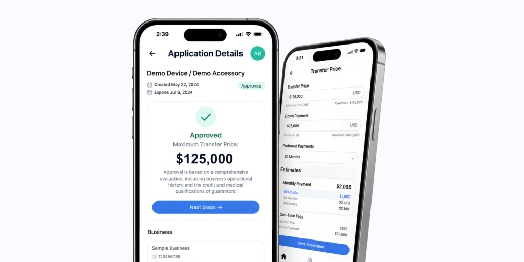 Velocity Lending app screens showing an instant financing approval and transfer price configuration