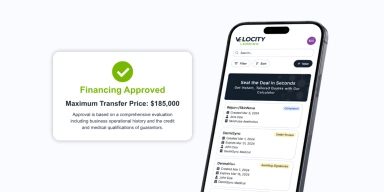 Velocity Lending mobile app showing an approved equipment financing application with transfer price details