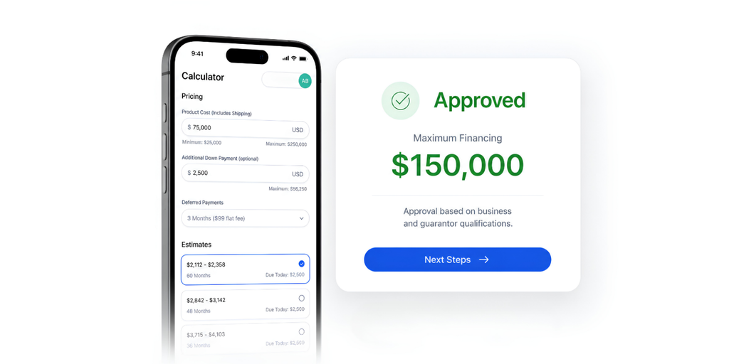 Velocity Lending app showing an approved equipment financing application and payment calculator
